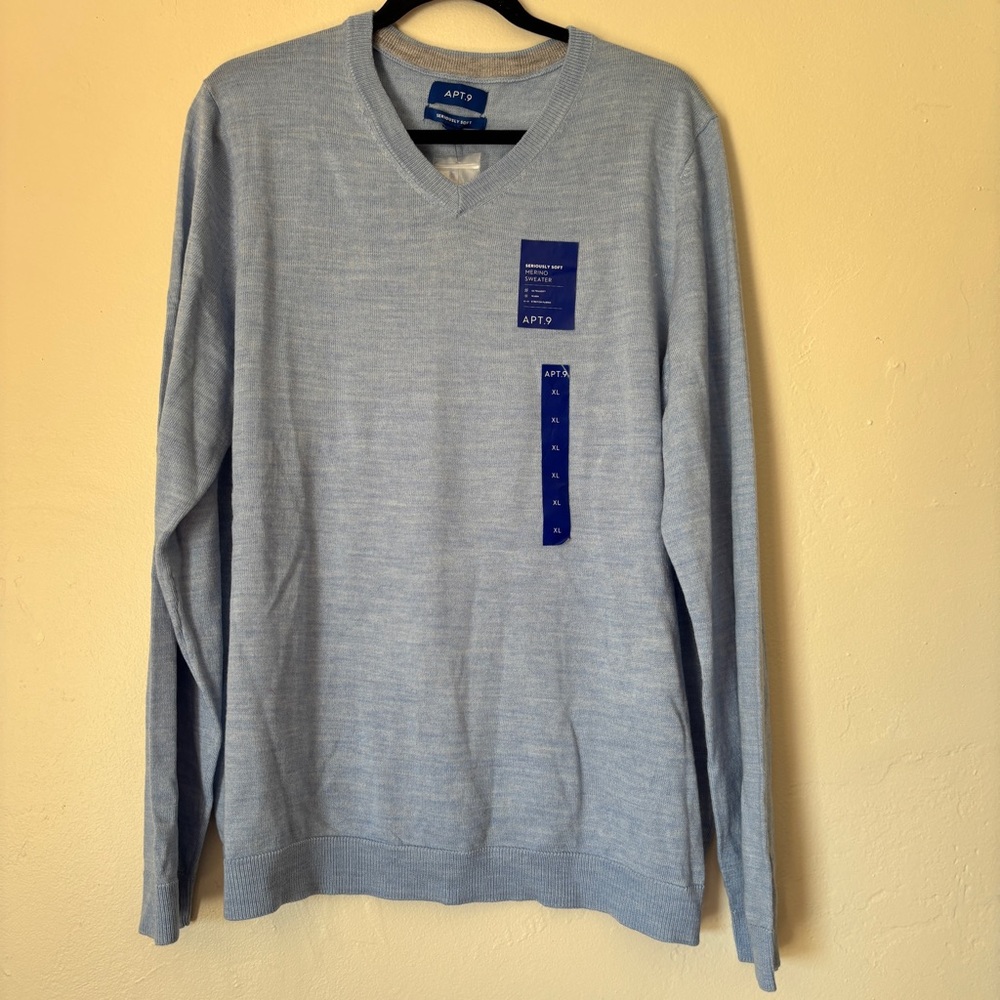 Apt 9 Men’s Seriously Soft Blue Heather Pullover Merino Sweater, Size XL NWT